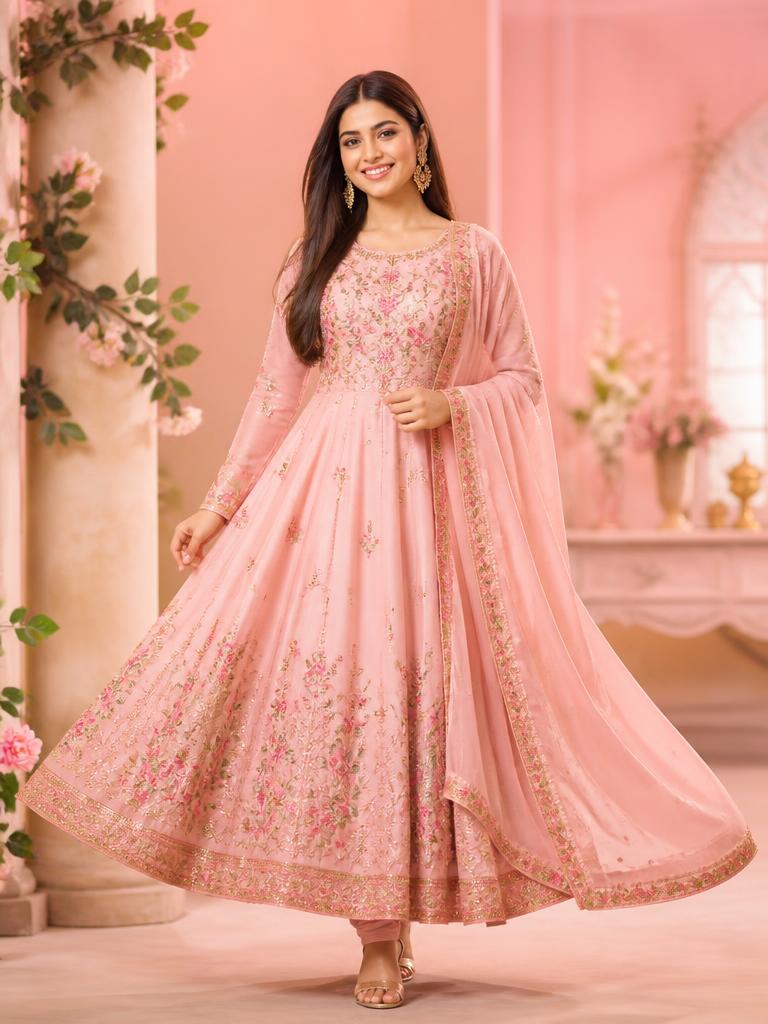 AI virtual try-on result — pink floral anarkali